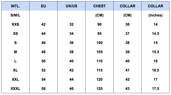 Calvin klein men's dress shirt size chart