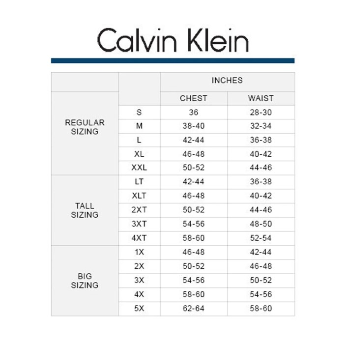 Calvin klein men's dress shirt size chart